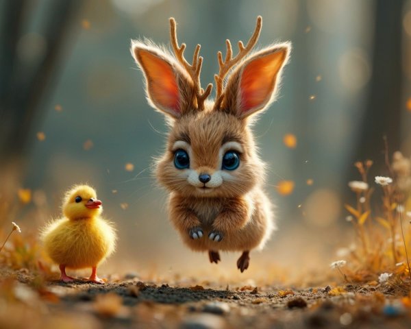 Whimsical Forest Scene with Fluffy Creatures and Flowers