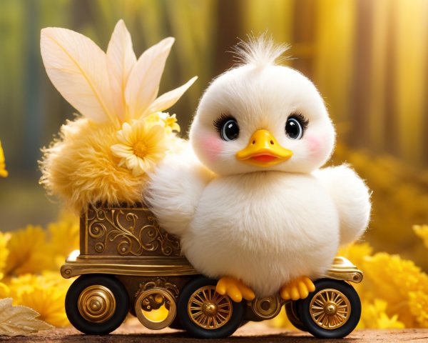 Fluffy Duckling on Vintage Toy Train in Forest Setting