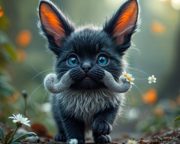 Fluffy Creature with Blue Eyes in Sunlit Forest