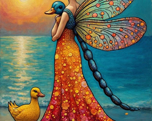 Whimsical Sunset Scene with Girl and Ducklings