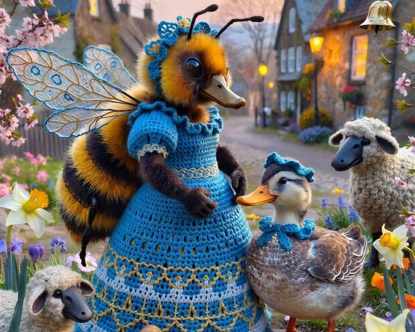 Bee-Duck Hybrid in Crochet Dress in Spring Village Scene