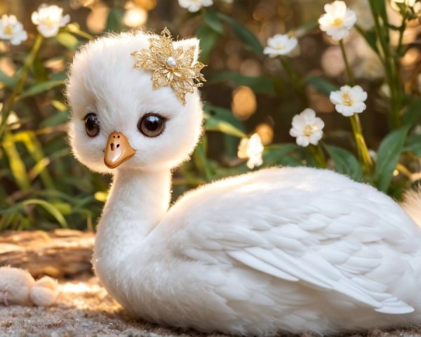 White Duckling Surrounded by Delicate White Flowers