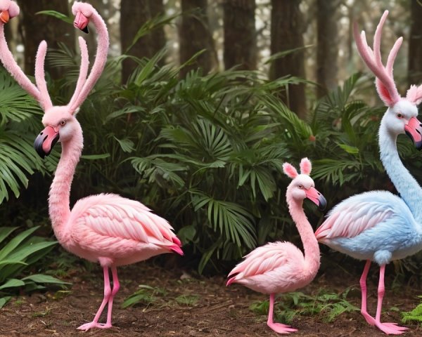 Whimsical Flamingos in a Lush Forest Setting