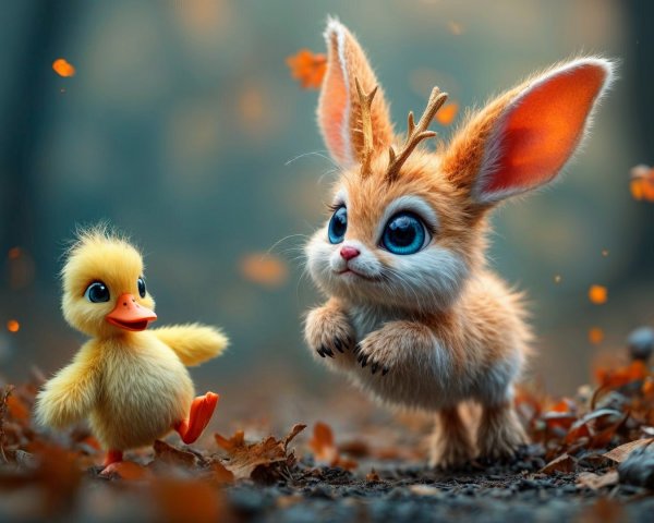 Whimsical Forest Scene with Rabbit and Duckling