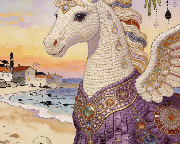 Intricate Yarn Sculpture of a White Unicorn with Robe