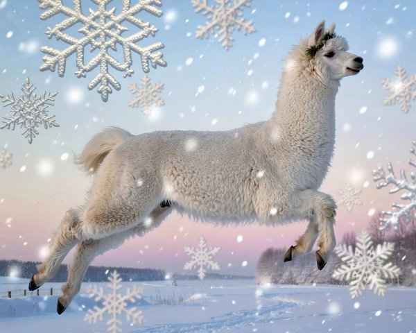 White Llama with Wreath in Snowy Landscape Scene