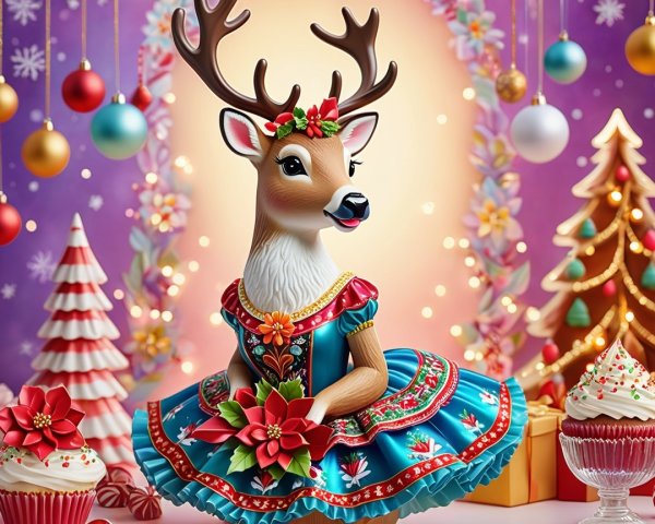 Whimsical Holiday Scene with Festive Deer and Decorations