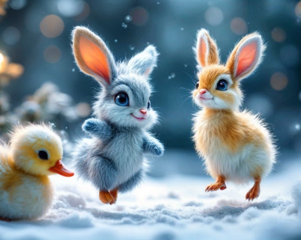 Whimsical Winter Scene with Bunnies and Duckling