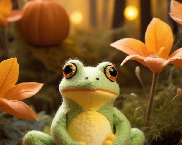 Whimsical Frog Plush Surrounded by Autumn Foliage