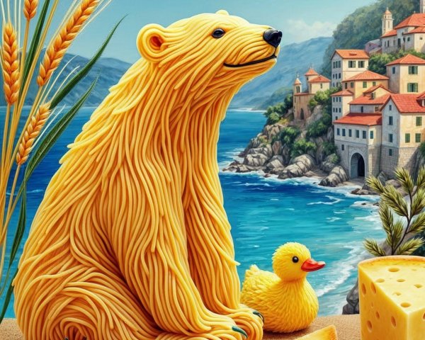 Pasta Bear Sculpture by the Seaside with Duck and Cheese