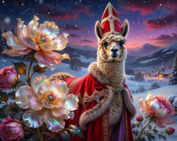 Fluffy llama in royal robe in snowy winter landscape