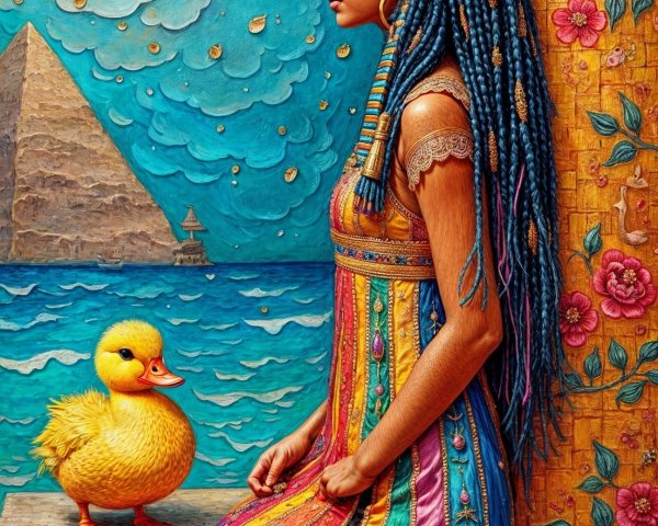 Regal Figure in Vibrant Dress with Duckling by Sea