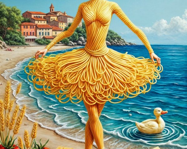 Whimsical Figure in Pasta Outfit on Sunny Beach