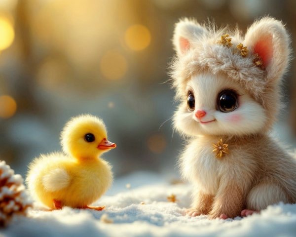 Fluffy Cat and Duckling in Serene Winter Setting