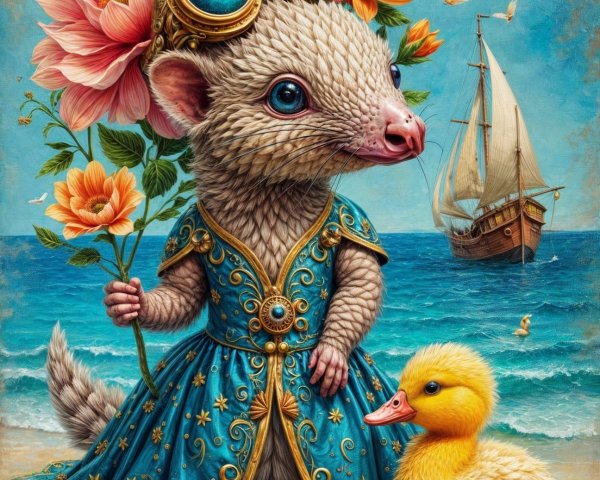 Ferret in Blue Gown with Duckling on Beach Scene