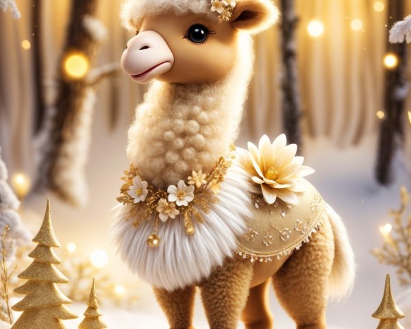 Whimsical Llama Figurine in Snowy Winter Forest