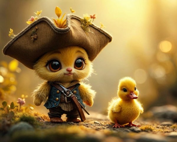 Charming Yellow Chick and Duckling in Whimsical Forest