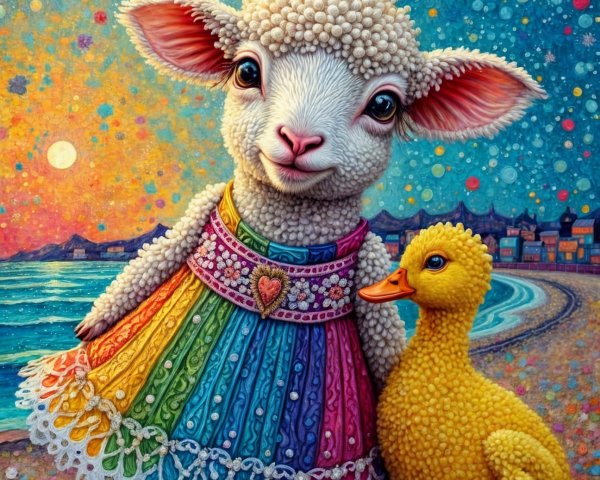 Whimsical Lamb in Rainbow Dress by Cheerful Duck