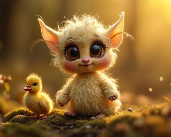 Fluffy Creature and Duckling in Sunlit Forest