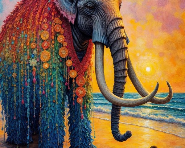 Surreal Elephant on Shore with Colorful Sunset Background