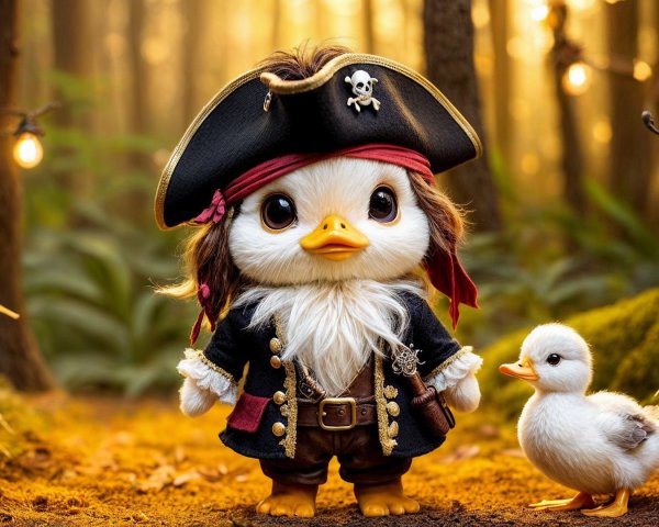 Whimsical Pirate Duckling in Enchanted Forest Setting