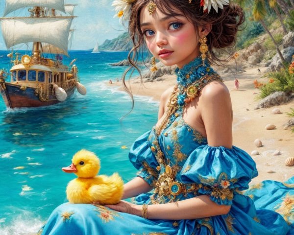 Young Woman in Blue Dress on Sunlit Beach with Duck