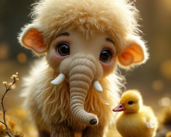 Fluffy Elephant and Duckling in Dreamy Nature Scene