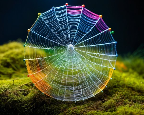 Vibrant Spider Web with Colorful Dew Drops and Moss