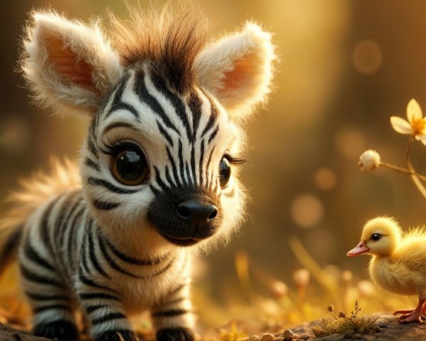 Cartoonish zebra cub and duckling in sunlit meadow