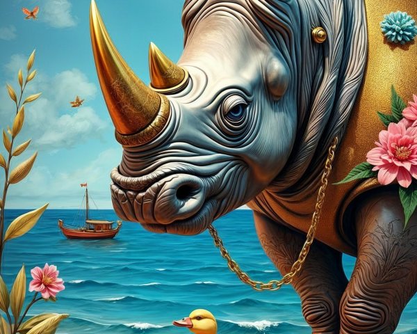 Whimsical Beach Scene with Rhinoceros and Duckling