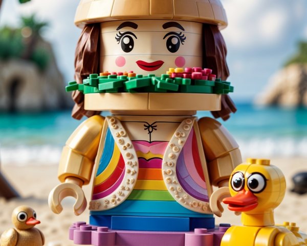 LEGO Character on Beach with Duck and Bird Scene