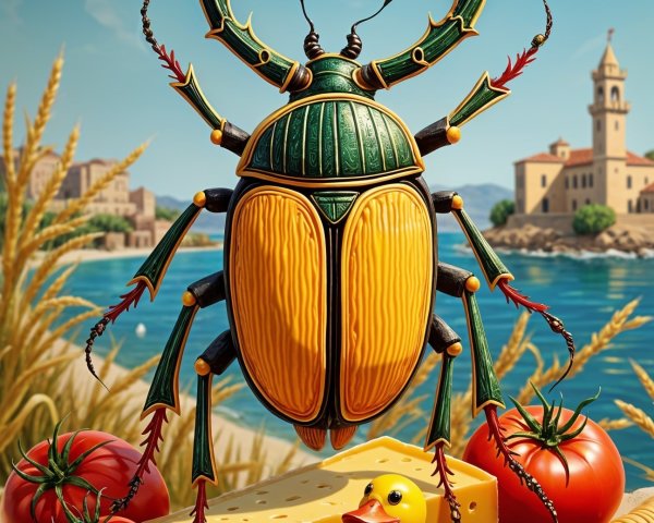 Giant Beetle Surrounded by Playful Beach Elements