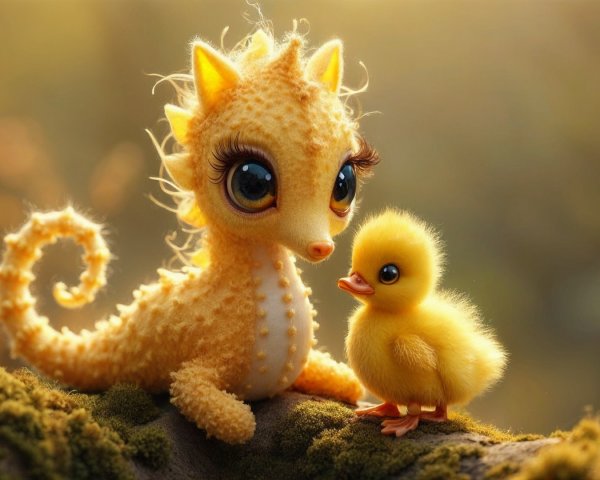 Cute Duckling and Seahorse on a Mossy Log