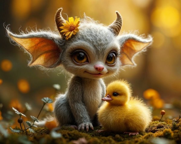 Whimsical Creature and Duckling in Enchanted Forest