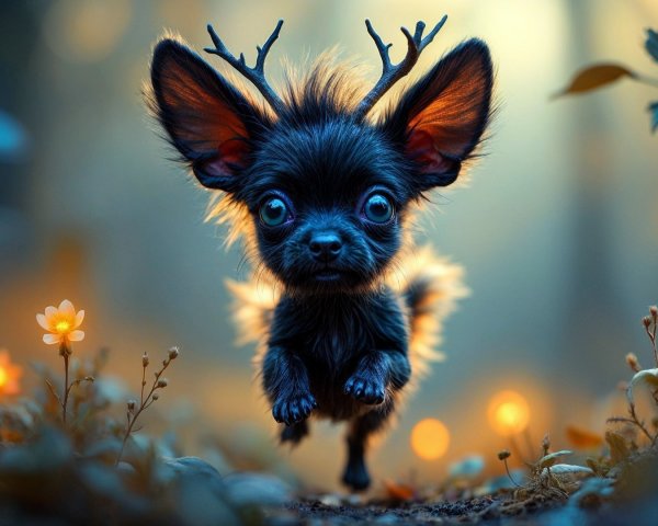 Playful Black Chihuahua in a Magical Forest Scene