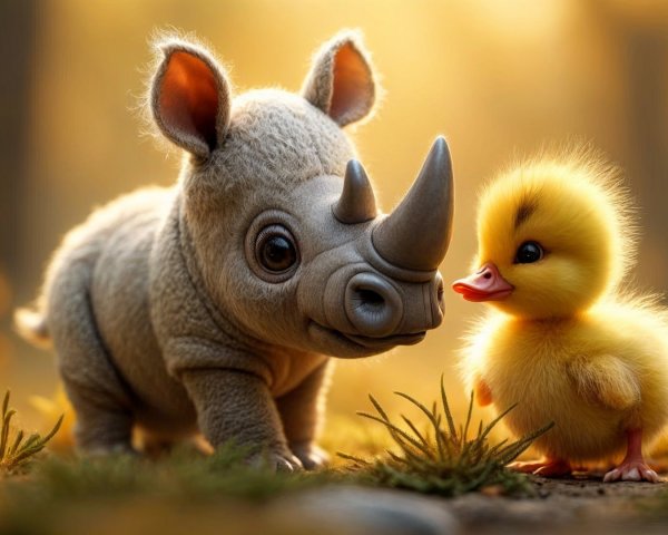 Cartoon Rhinoceros and Duckling in Sunlit Forest