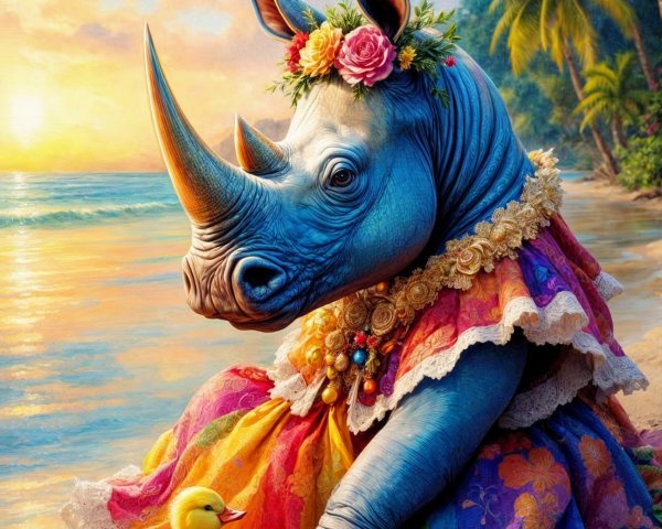 Rhinoceros in Floral Dress at Vibrant Beach Scene
