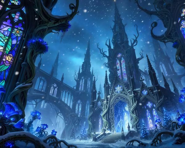 Gothic Castle in a Snowy Winter Wonderland Scene
