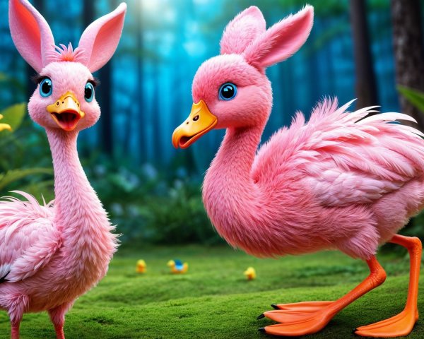 Whimsical Pink Birds in a Lush Forest Setting