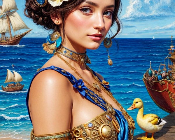 Young Woman in Blue Gown by the Sea with Sailboats