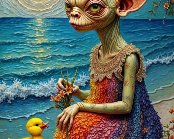 Whimsical Ocean Scene with Colorful Creature and Duckling