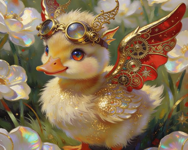 Detailed Steampunk Duckling in Flower Field Painting