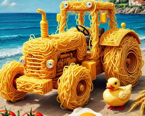 Pasta Tractor on a Sunny Beach with Food Elements