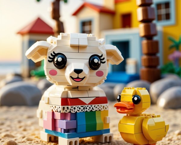 Colorful LEGO Sheep and Duck on a Beach Scene