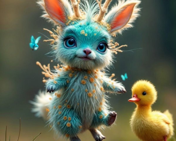 Whimsical creature with pastel fur and antlers in forest