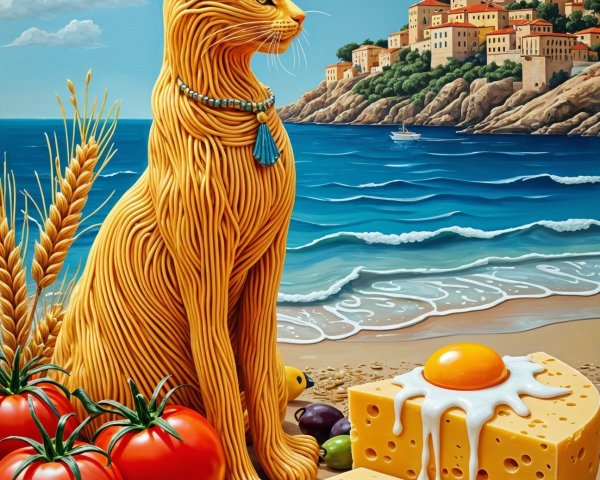 Golden Pasta Cat on Beach with Coastal Town Background