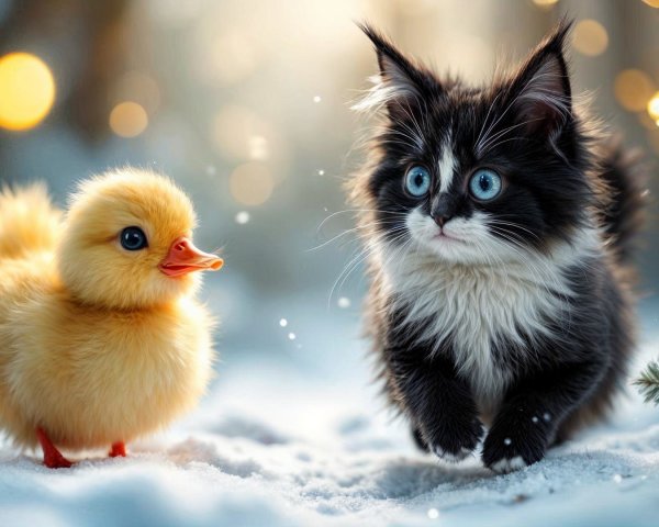 Duckling and kitten exploring a snowy landscape together