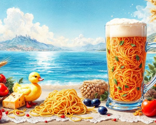 Whimsical Beach Scene with Beer and Spaghetti