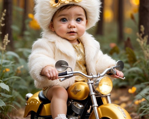 Cheerful baby girl on golden motorcycle in autumn setting
