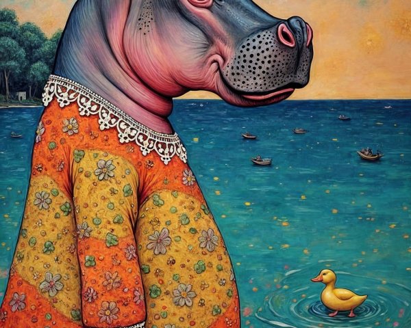 Whimsical Hippo in Floral Dress by a Tranquil Lake